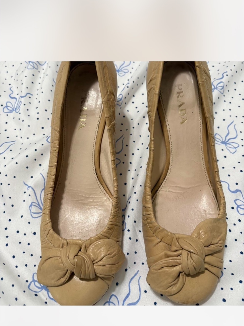 Prada Beige Leather Knot-Front Kitten Heels with gold details